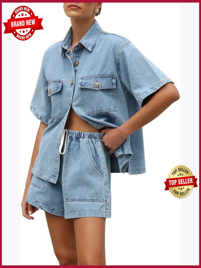 Women's Denim 2 Piece Outfit Short Sleeve Button Down Shirt Drawstring Shorts